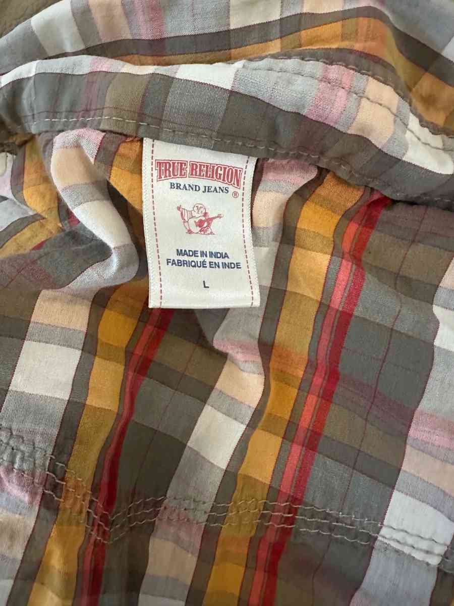 Men true religion plaid mens shirt size Large grey red orang