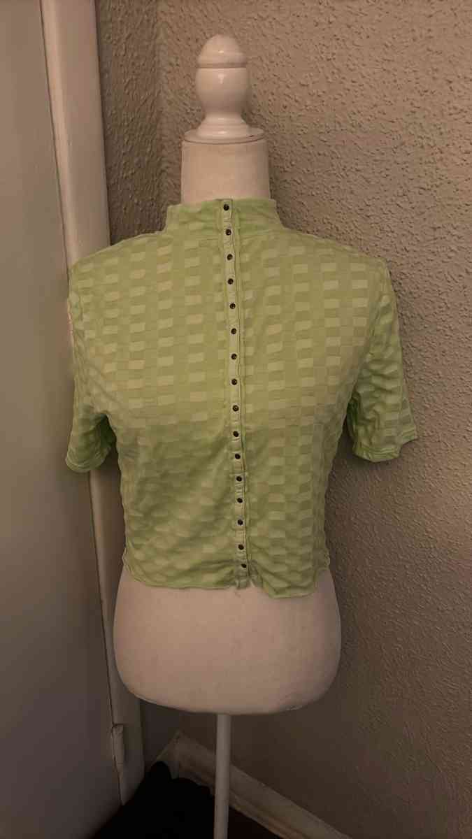 Free People Mock Neck Textured Button Closure Back TShirt Si