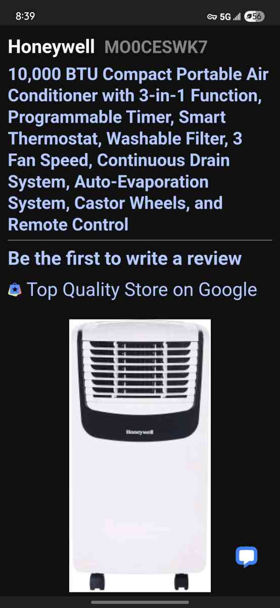 Honeywell 10000 BTU Portable Air Conditioner  Dehumidifier