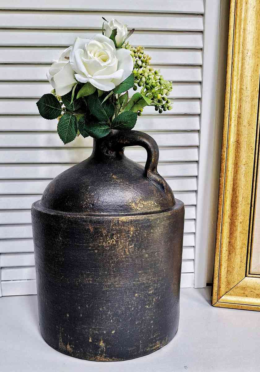 Large Vintage Black  Antique Gold Whiskey Jug