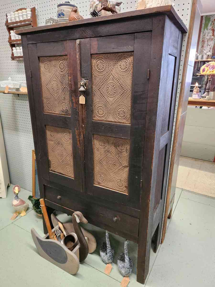 Primitive Punched Tin Pie Safe Cabinet
