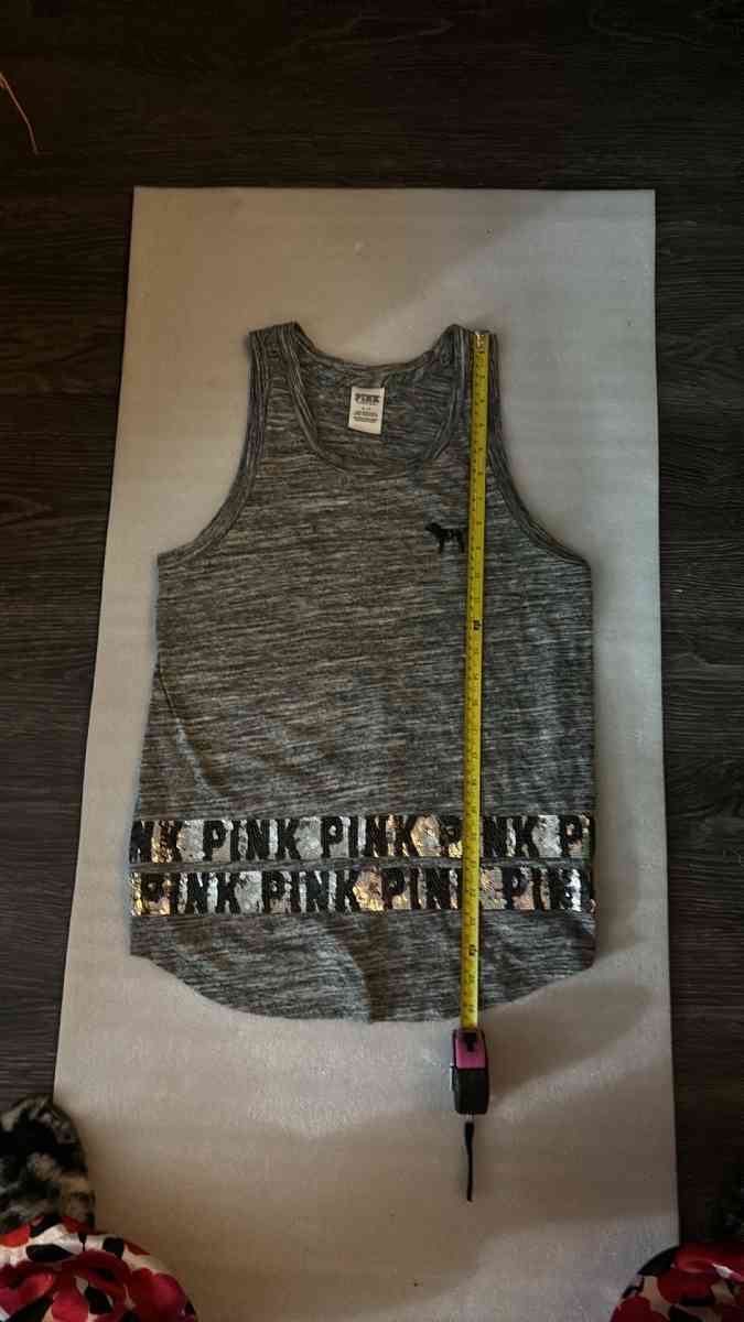 PINK Victorias Secret Bling Sequin Grey Tank Top Logo Womens
