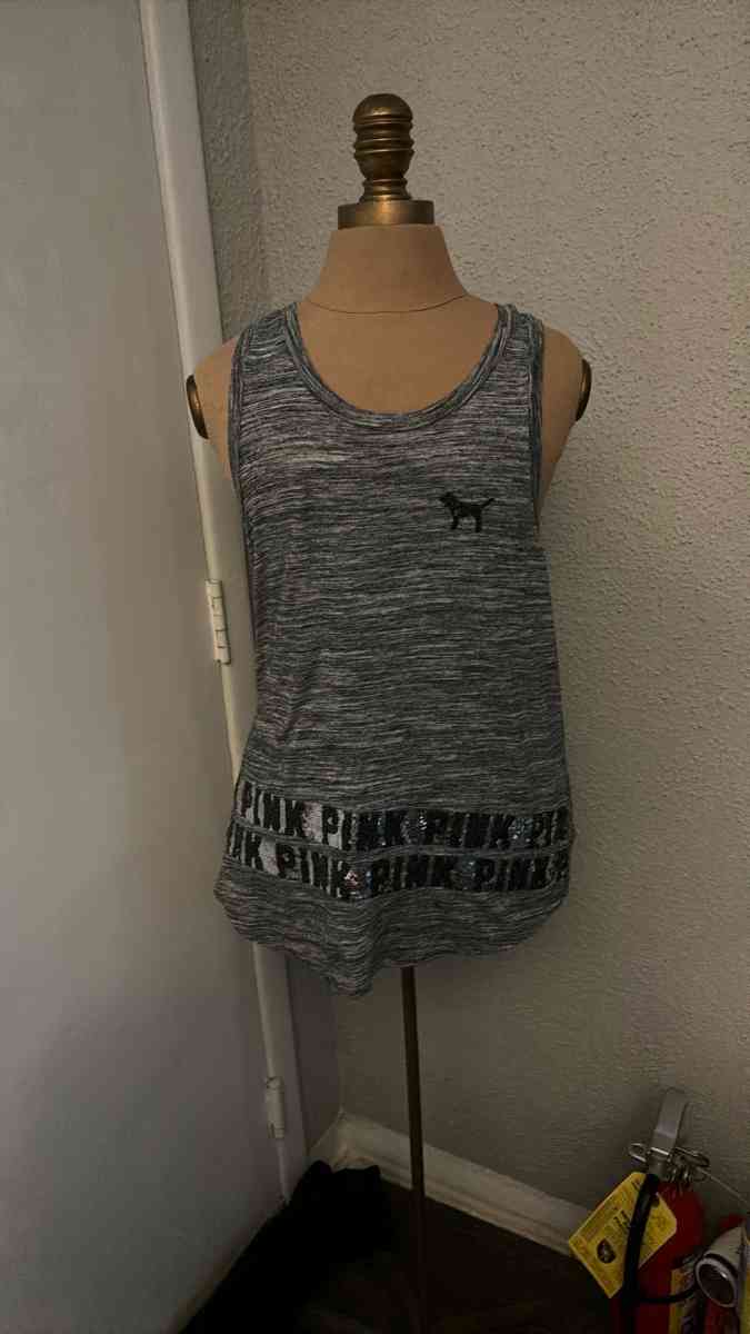 PINK Victorias Secret Bling Sequin Grey Tank Top Logo Womens