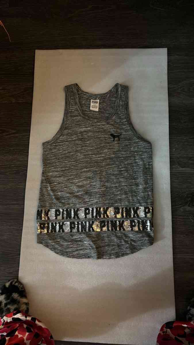 PINK Victorias Secret Bling Sequin Grey Tank Top Logo Womens