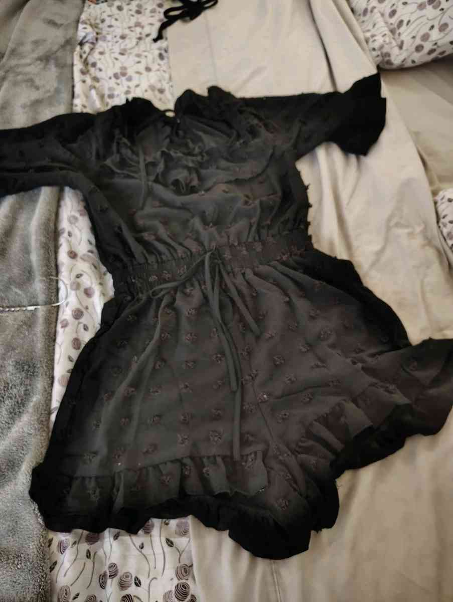 sexy open back romper with black lace Mary Jane heels