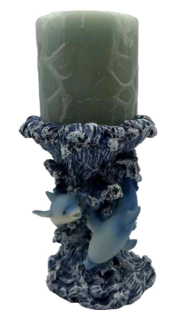 Blue Wave Shaped Candle Holder with 3 Dolphins