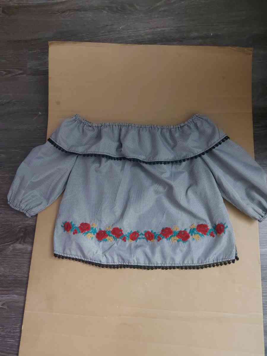 Bleuh Ciel Embroidered Gingham Boho Top BlackWhiteRed Size S