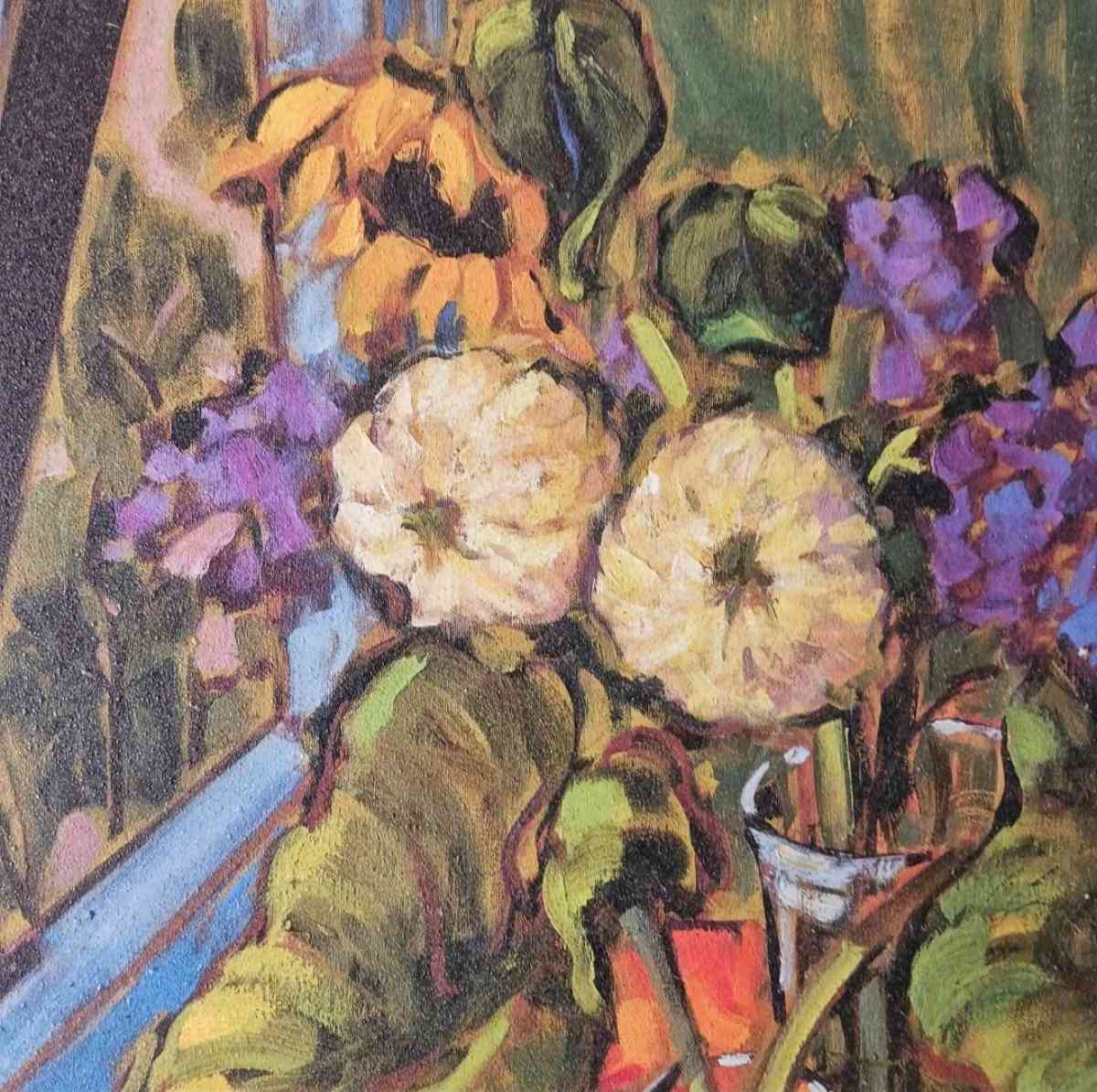 Vibrant Floral Still Life Art Print with Vase and Bowl