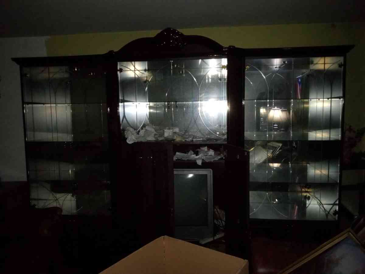 LIKE NEW AUTHENTIC WOOD AND GLASS LIGHTED ARMOIRE WITH DOORS