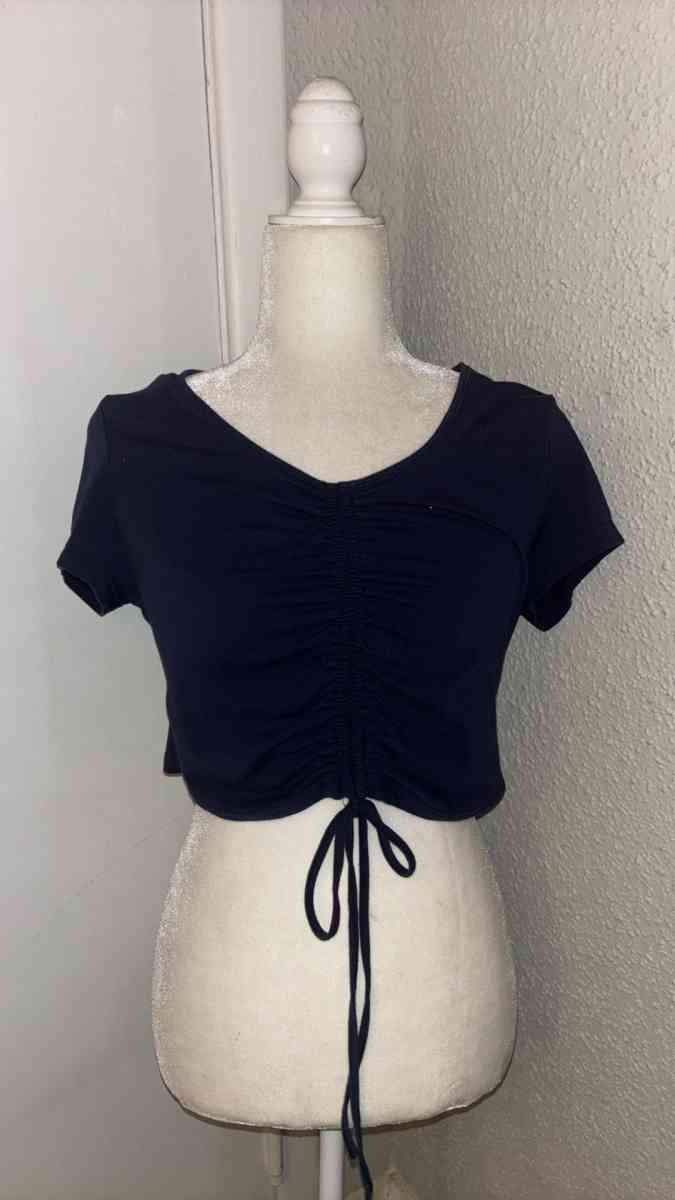 SHEIN Navy Shirred Tie Front Crop Top Size L