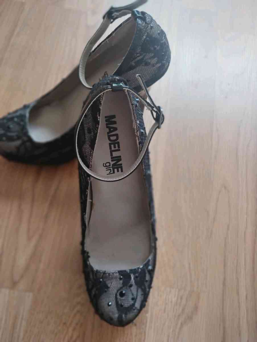 sexy open back romper with black lace Mary Jane heels