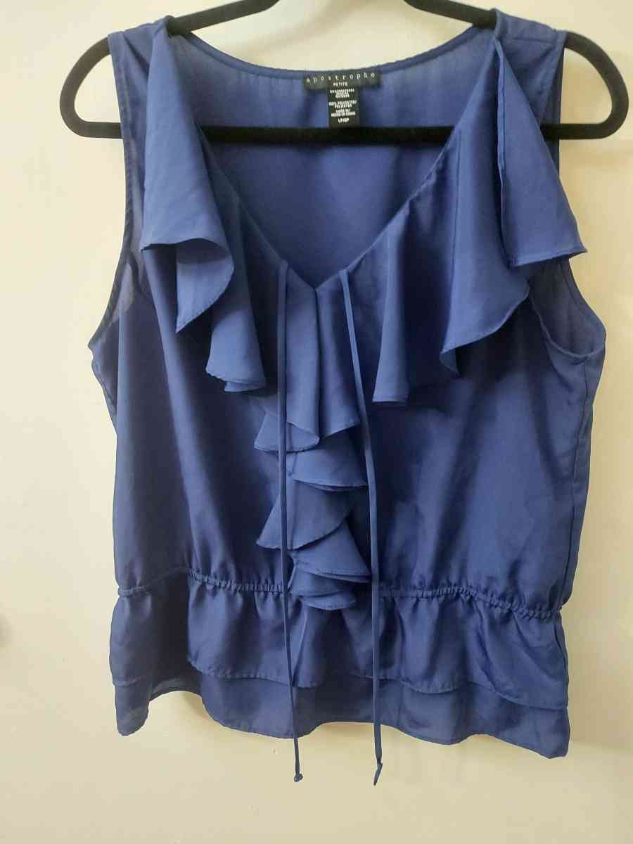 Apostrophe Navy Bow Tie Ruffled Sleeveless Top Size LP Long
