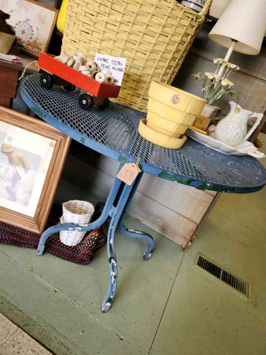 35 inch round chippy blue metal table patio porch or sunroom