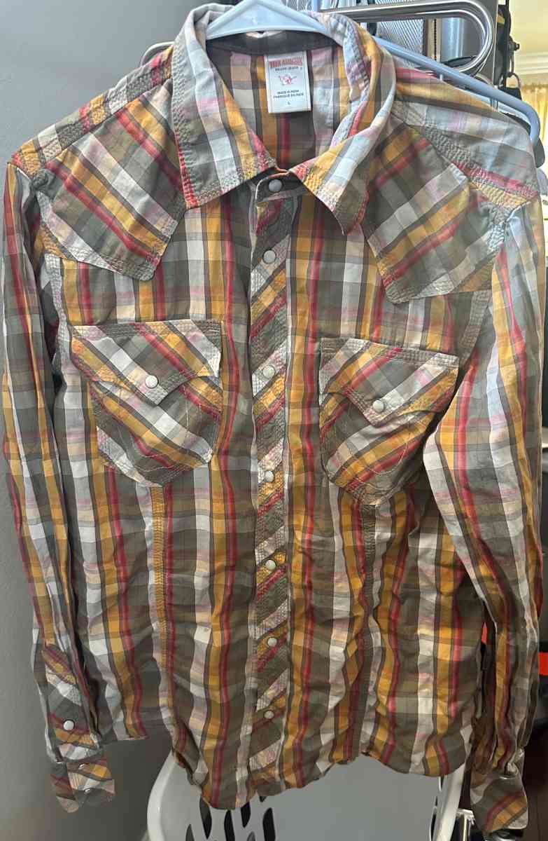 Men true religion plaid mens shirt size Large grey red orang