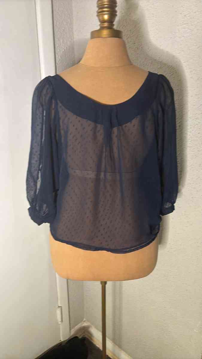 Xhilaration Sheer Navy Polka Dot Blouse Size S