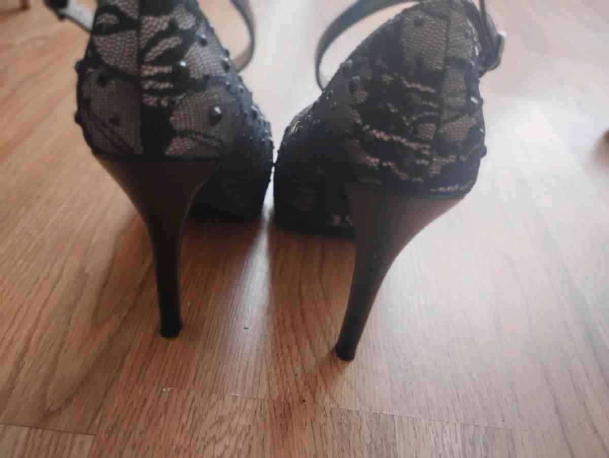 sexy open back romper with black lace Mary Jane heels