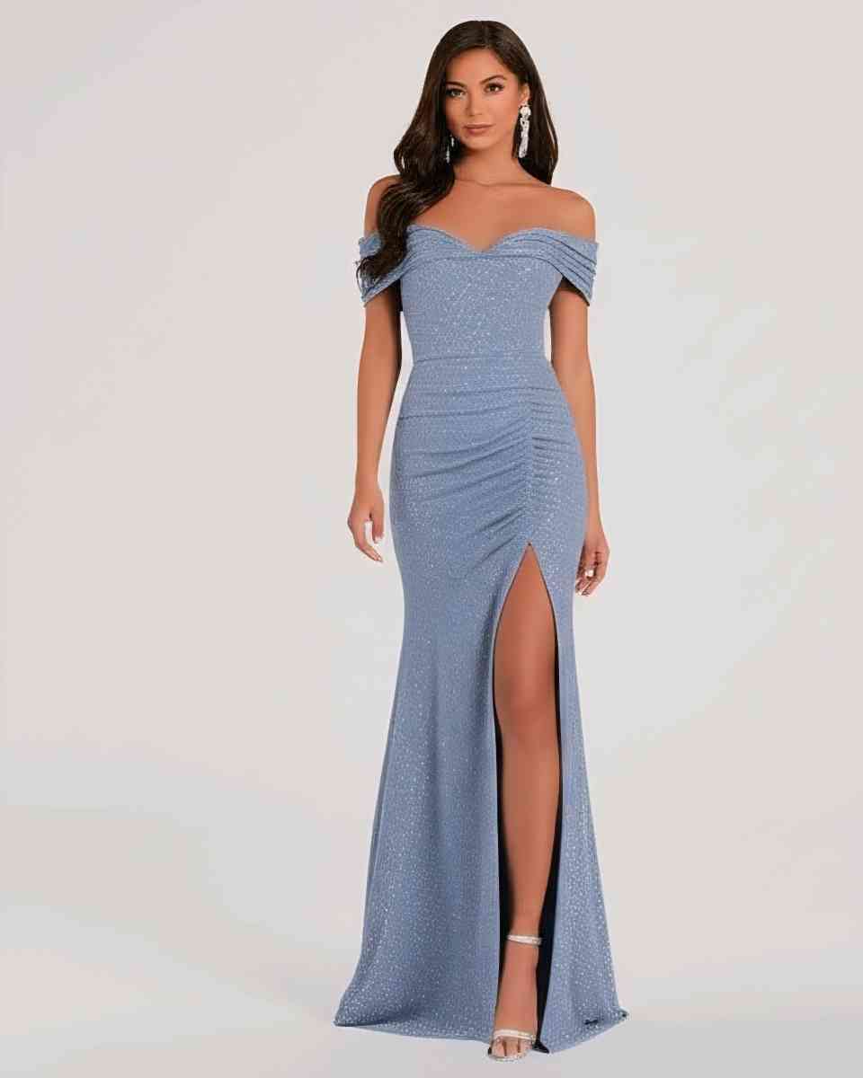 off shoulder slit gray dress glitter wedding prom new