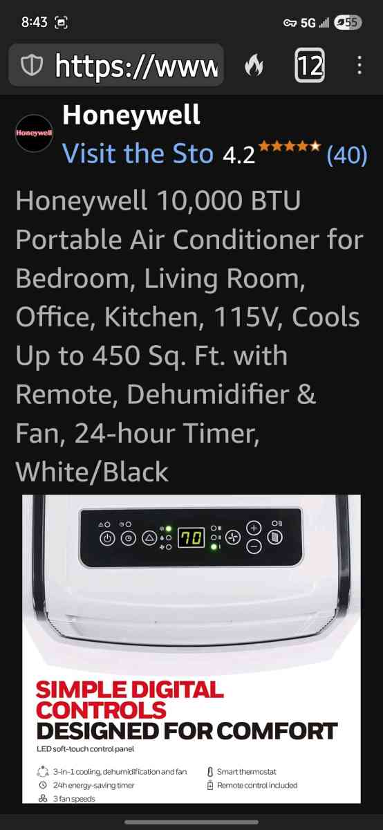 Honeywell 10000 BTU Portable Air Conditioner  Dehumidifier