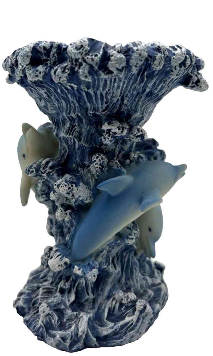 Blue Wave Shaped Candle Holder with 3 Dolphins