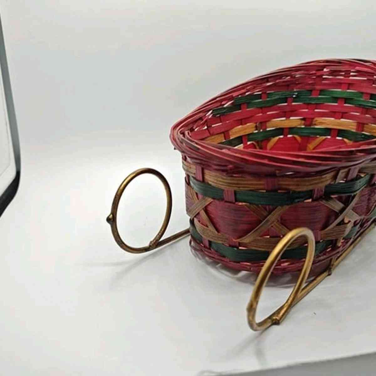 Wicker Christmas Santa Sleigh Red Green  Brown Floral Craft