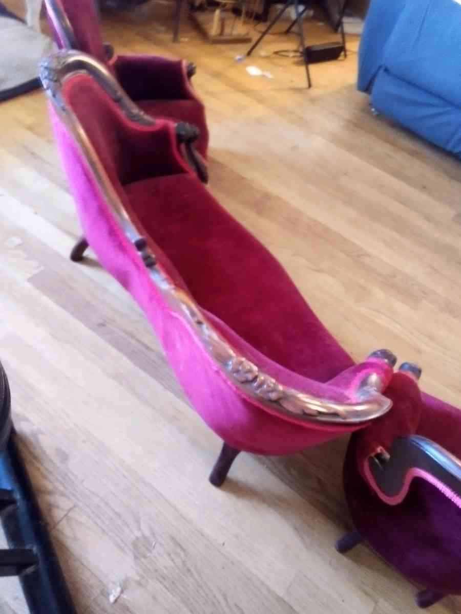 childrens Victorian style couch and chairs velvet  mahogany