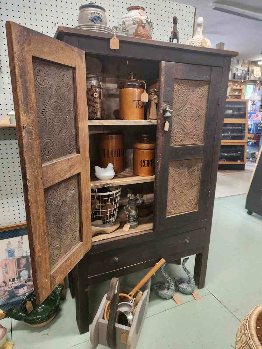 Primitive Punched Tin Pie Safe Cabinet