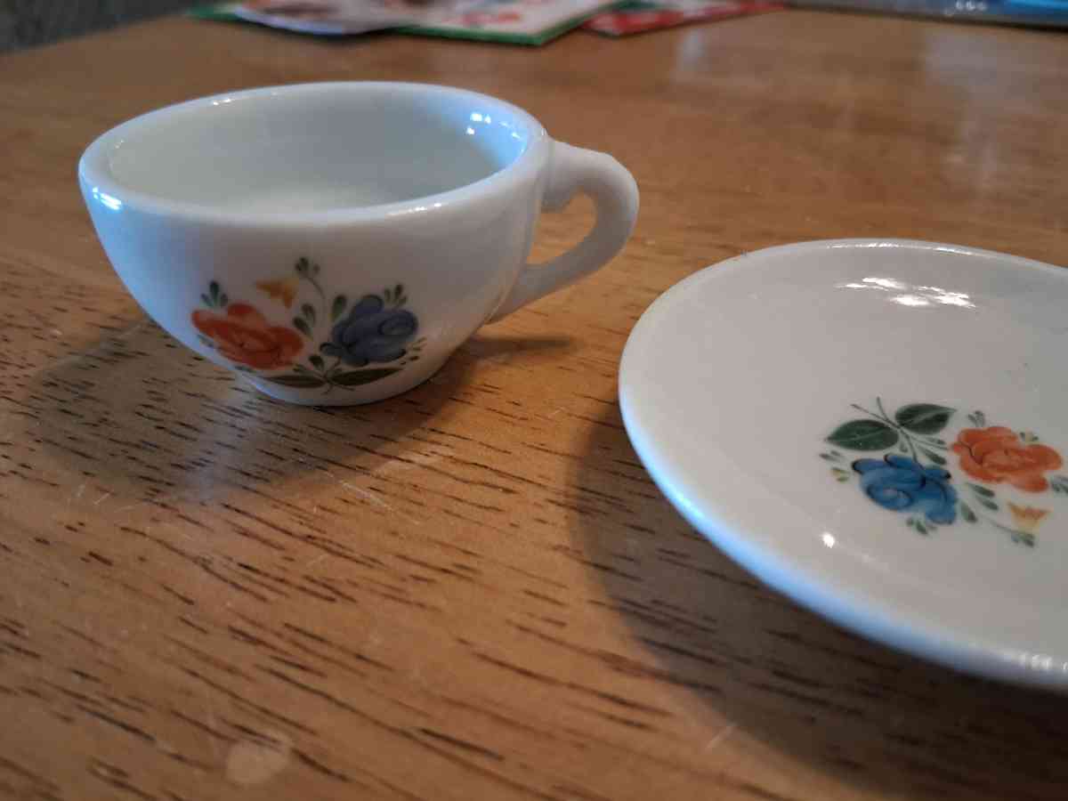 blue and orange flower tiny teacup saucer set
