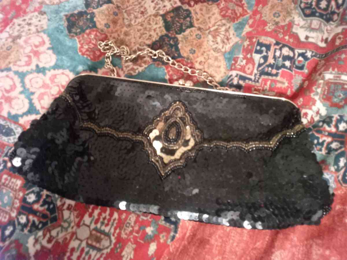 Black sequin snap up purse with gold chain