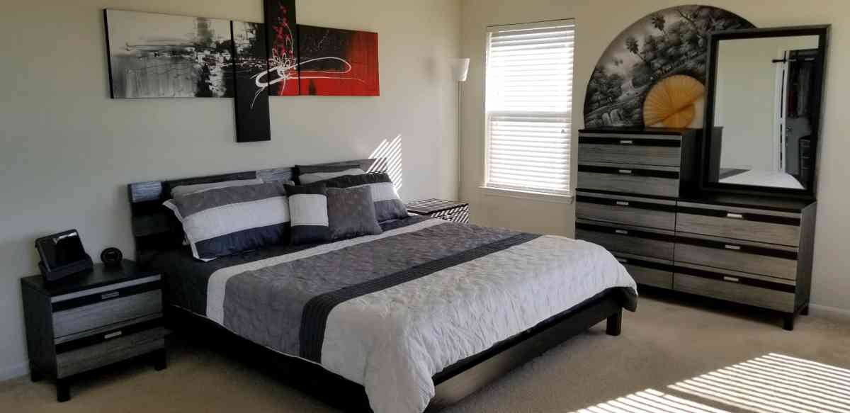 BlackGray all wood 8 Pc King Panel Bed Mattress Included