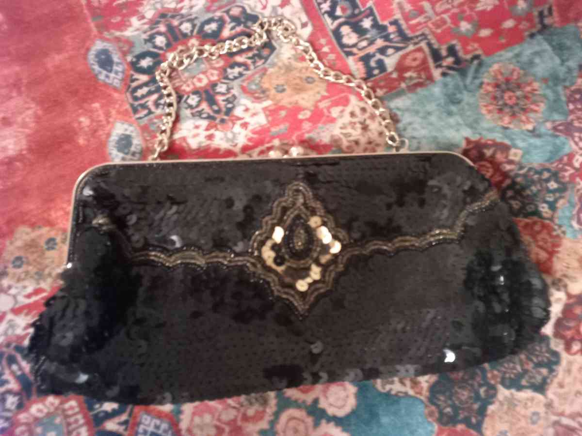 Black sequin snap up purse with gold chain