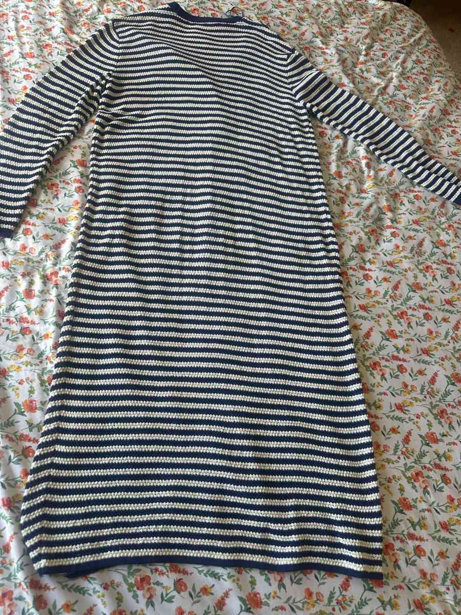 Navy blue and white striped cardigan long dress l