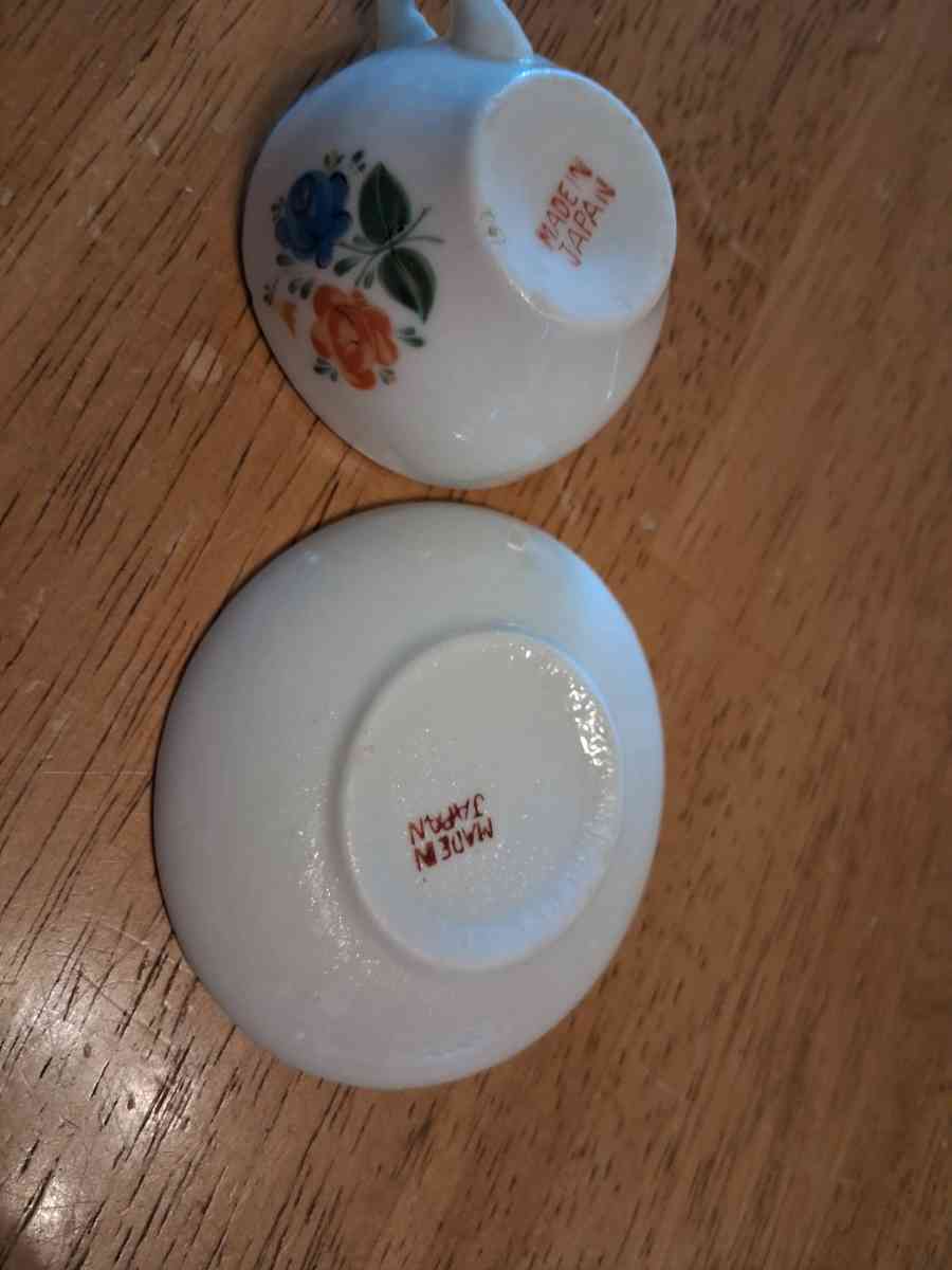 blue and orange flower tiny teacup saucer set