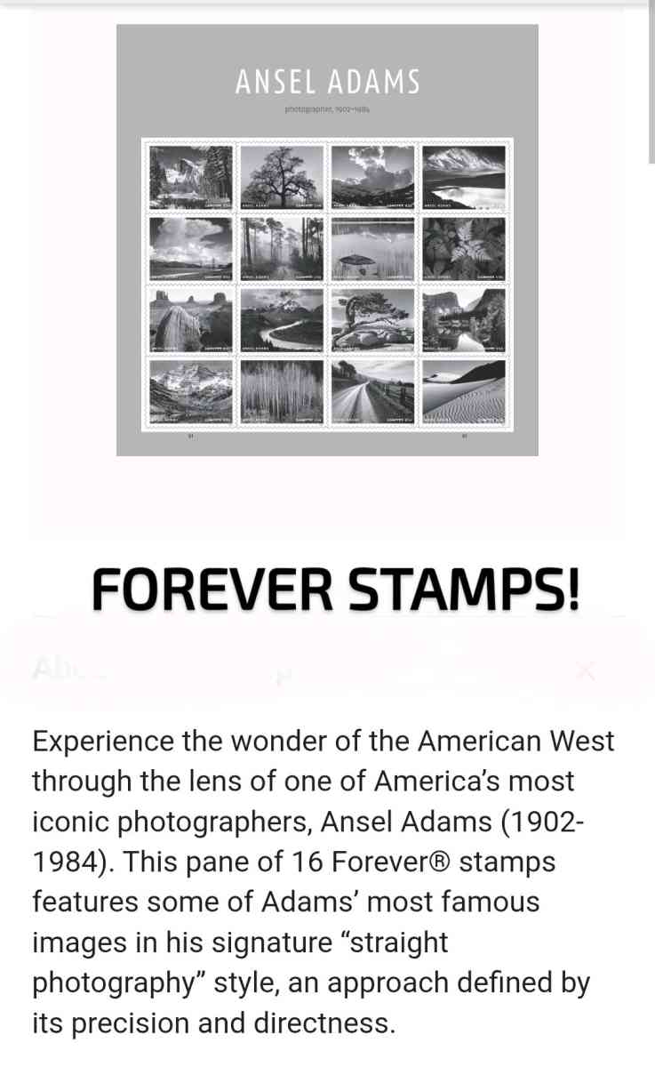 FOREVER STAMPS One lot 26 panes of 16 Beautiful Ansel Adams