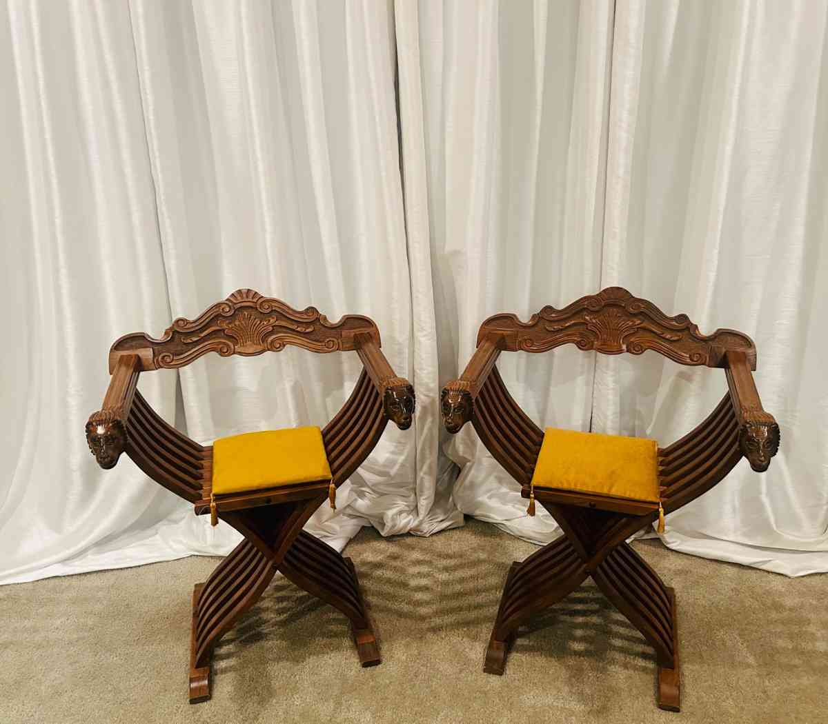 Pair Of Savonarola Lion Head Folding Thrones