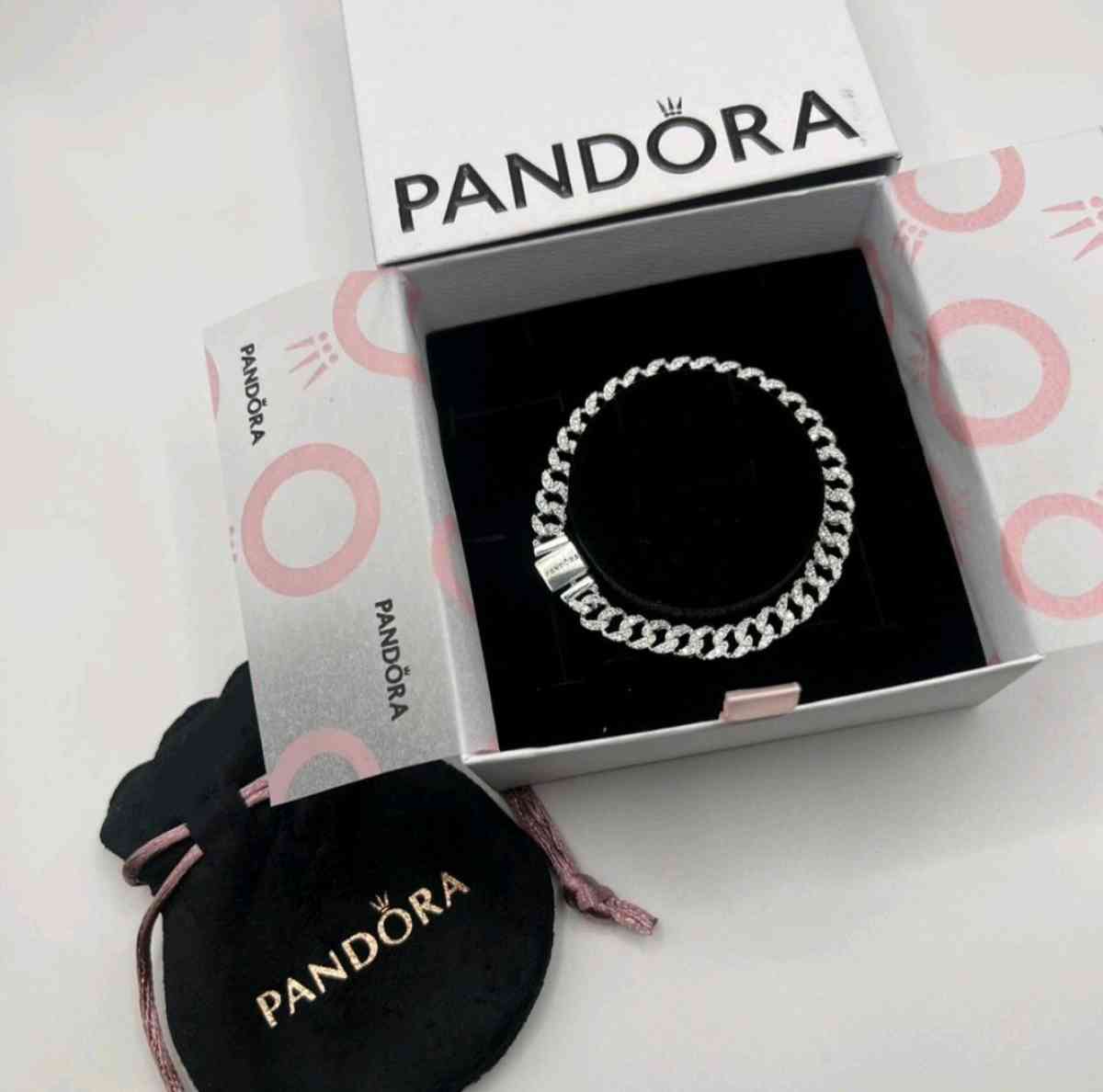 2 PIECE PANDORA TIMELESS PAVE CUBAN CHAIN BRACELET NECKLACE