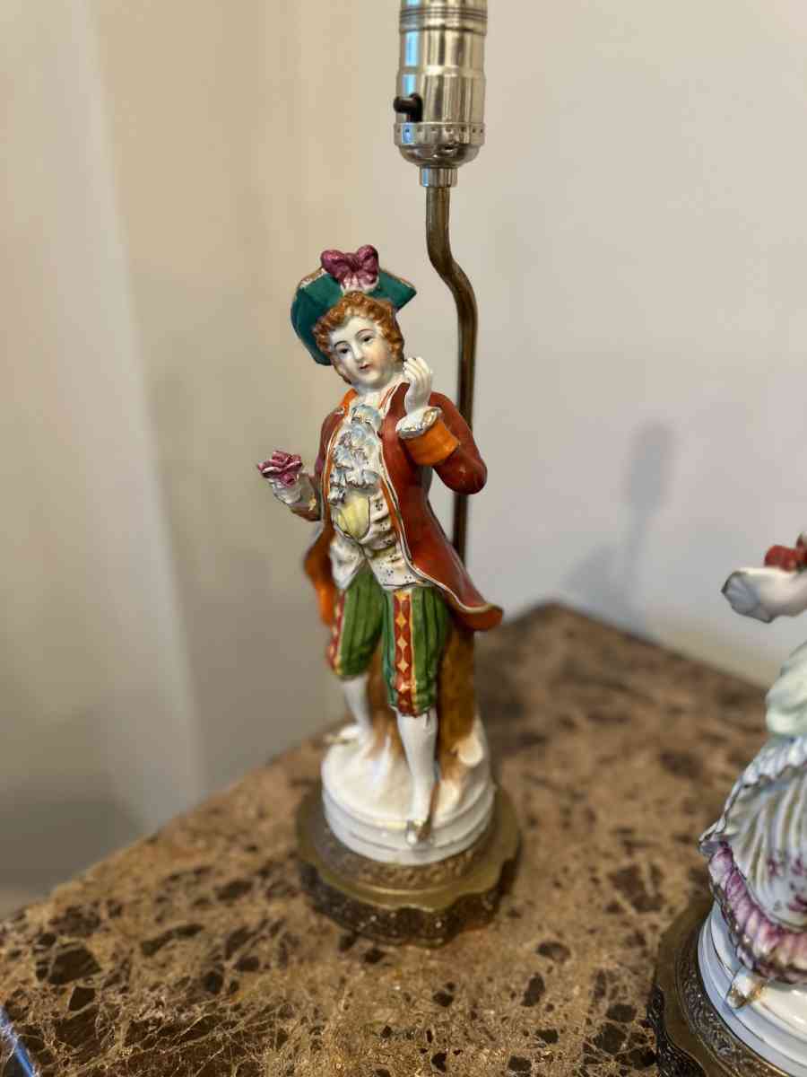 Vintage Porcelain Figurine Table Lamps Set French Man And Wo