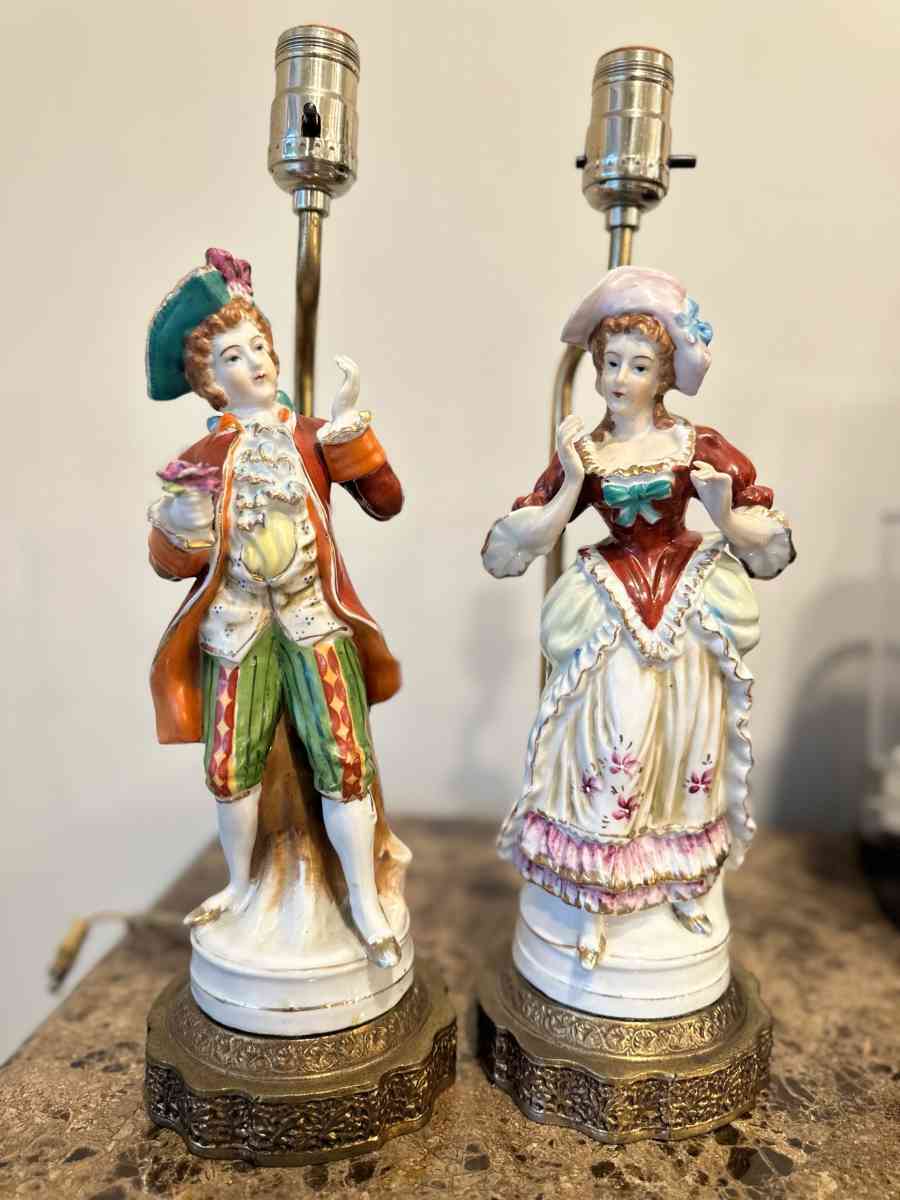Vintage Porcelain Figurine Table Lamps Set French Man And Wo