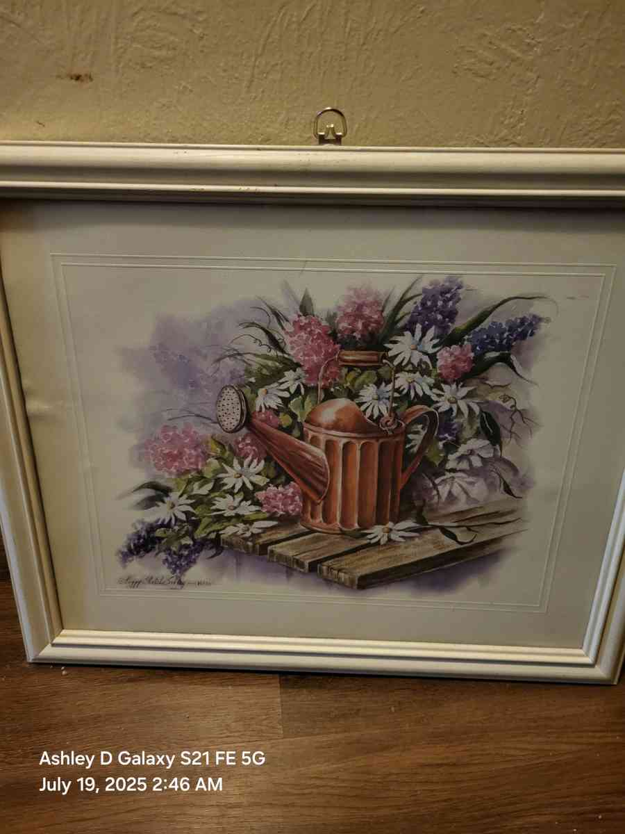 Floral watering can print in a white frame cottagecore fairy