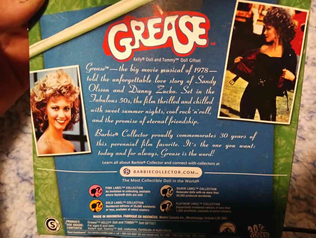 30 year of the movie Grease featuring Sandy and Danny dolls