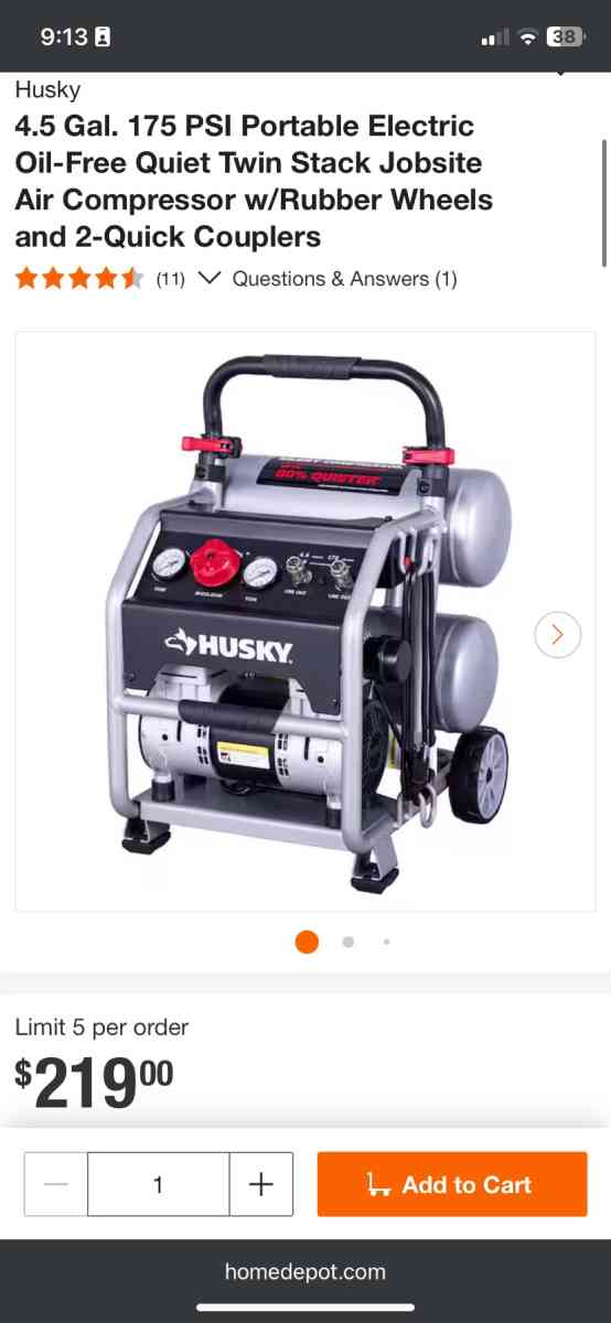 Husky45 Gal 175 PSI Portable Electric OilFree Quiet Twin Sta