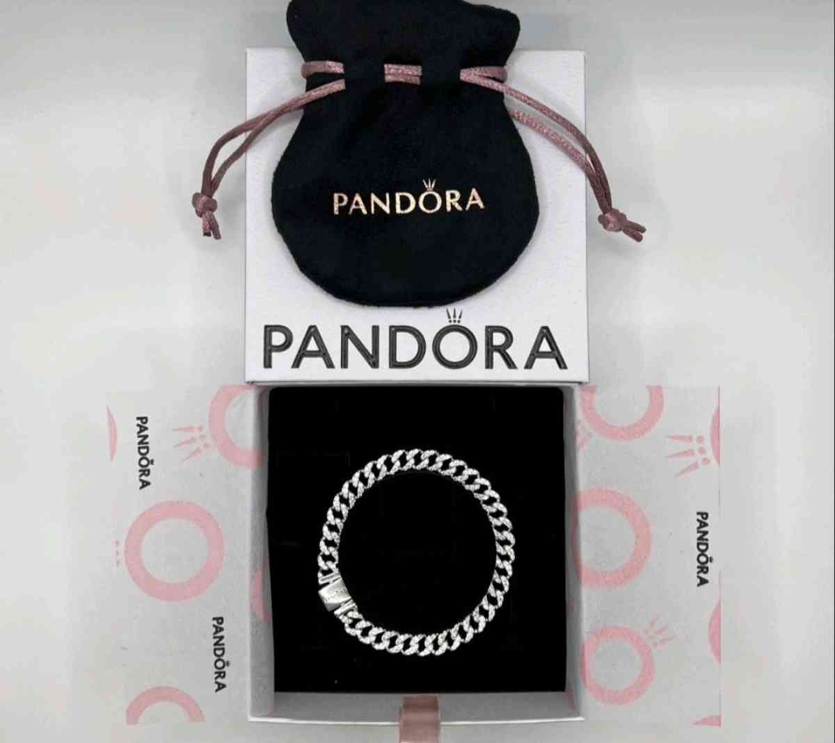 2 PIECE PANDORA TIMELESS PAVE CUBAN CHAIN BRACELET NECKLACE