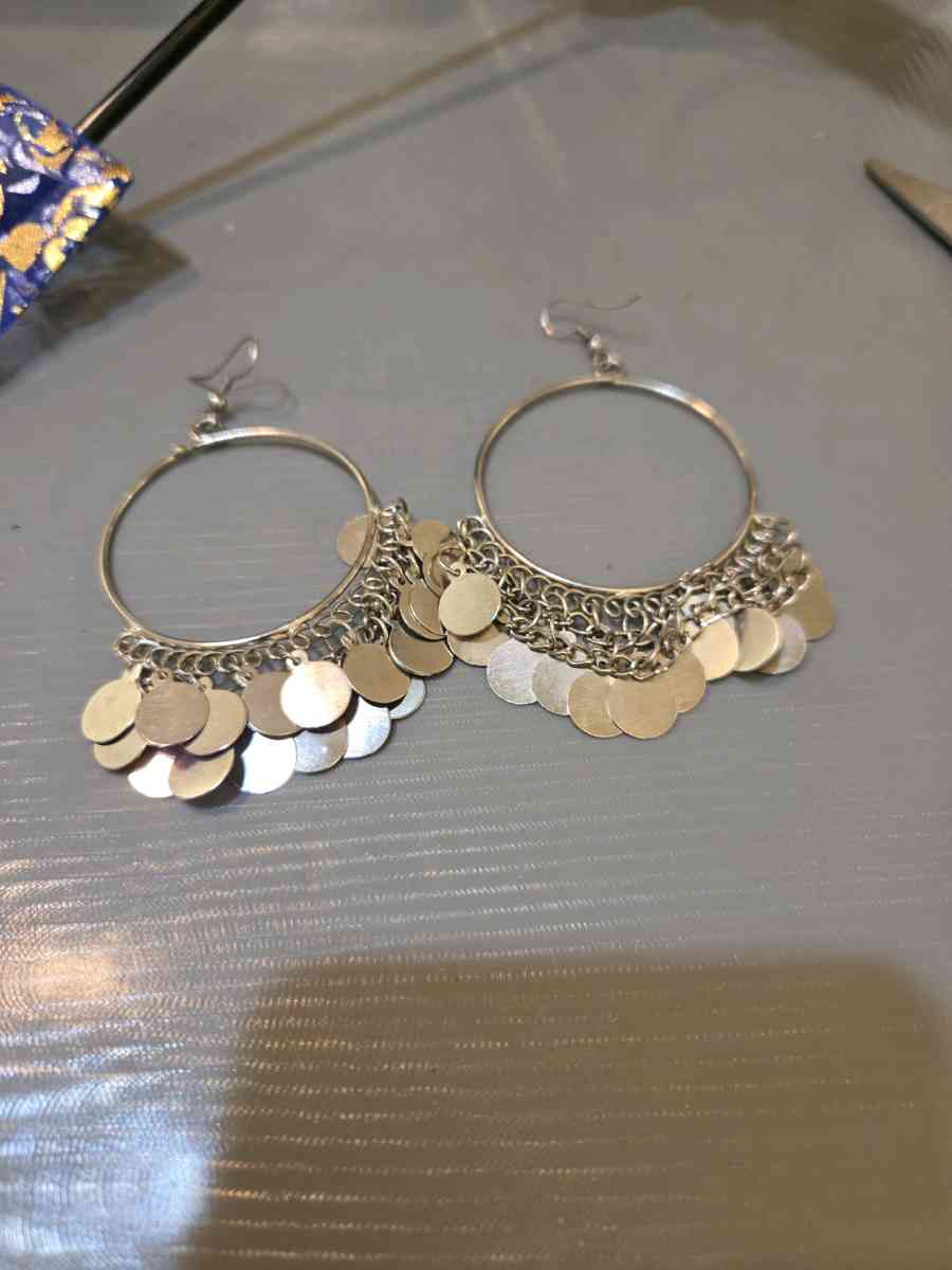 Oxidised Silver hoop earrings with silver coin accents festi