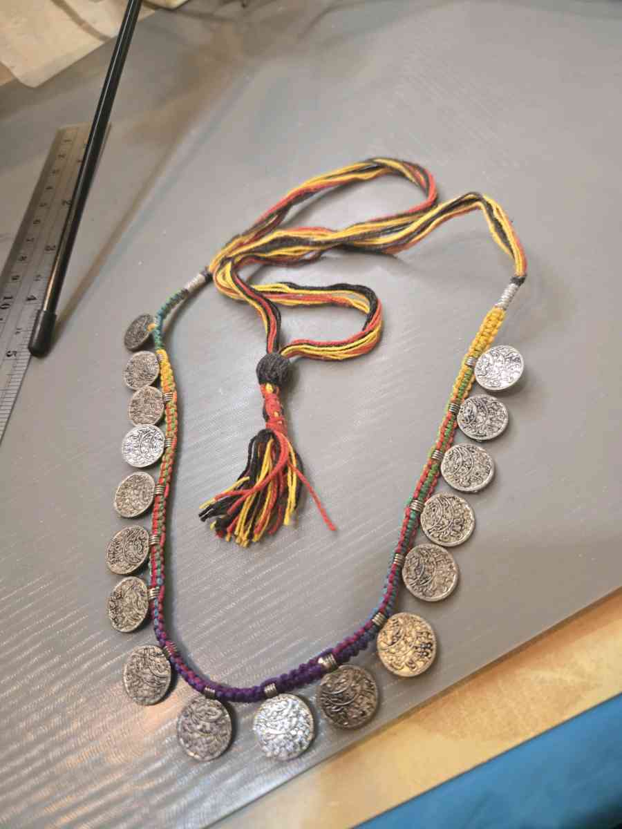 Multicoloured silver coin necklace with tassel festivalvibes