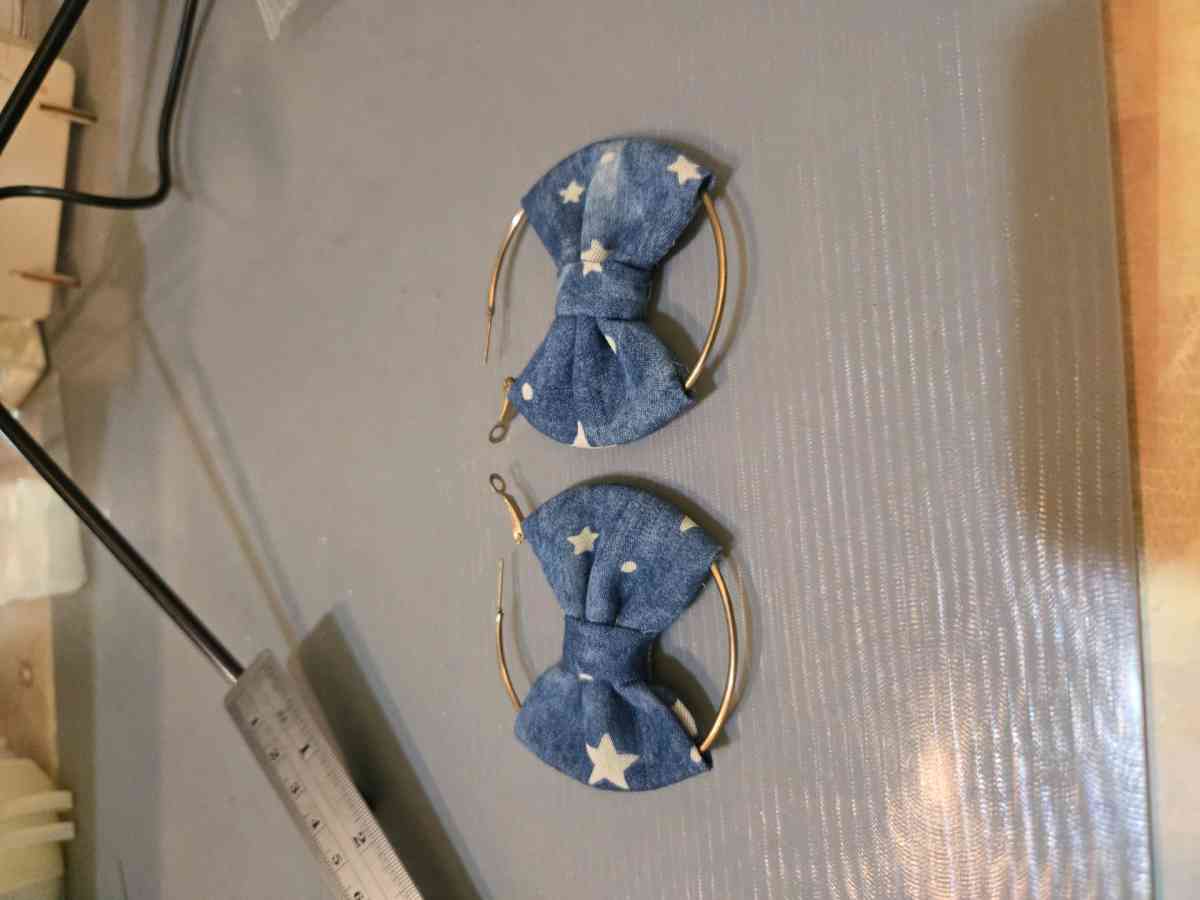 Blue and white bow denim style hoop earrings kawaii cutejewe