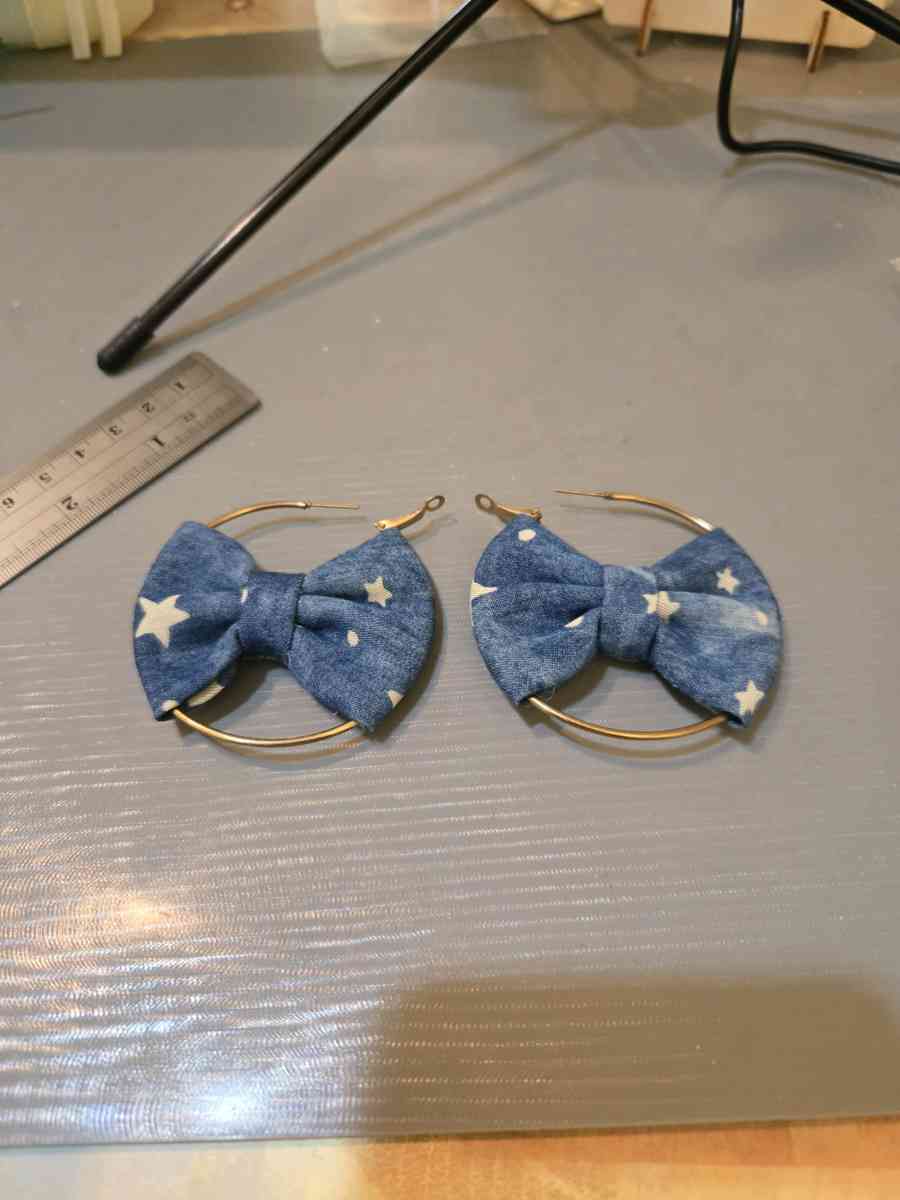 Blue and white bow denim style hoop earrings kawaii cutejewe