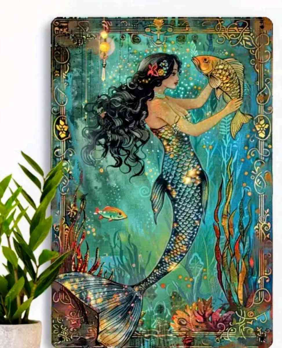 Metal Mermaid Holding Fish Wall Decor