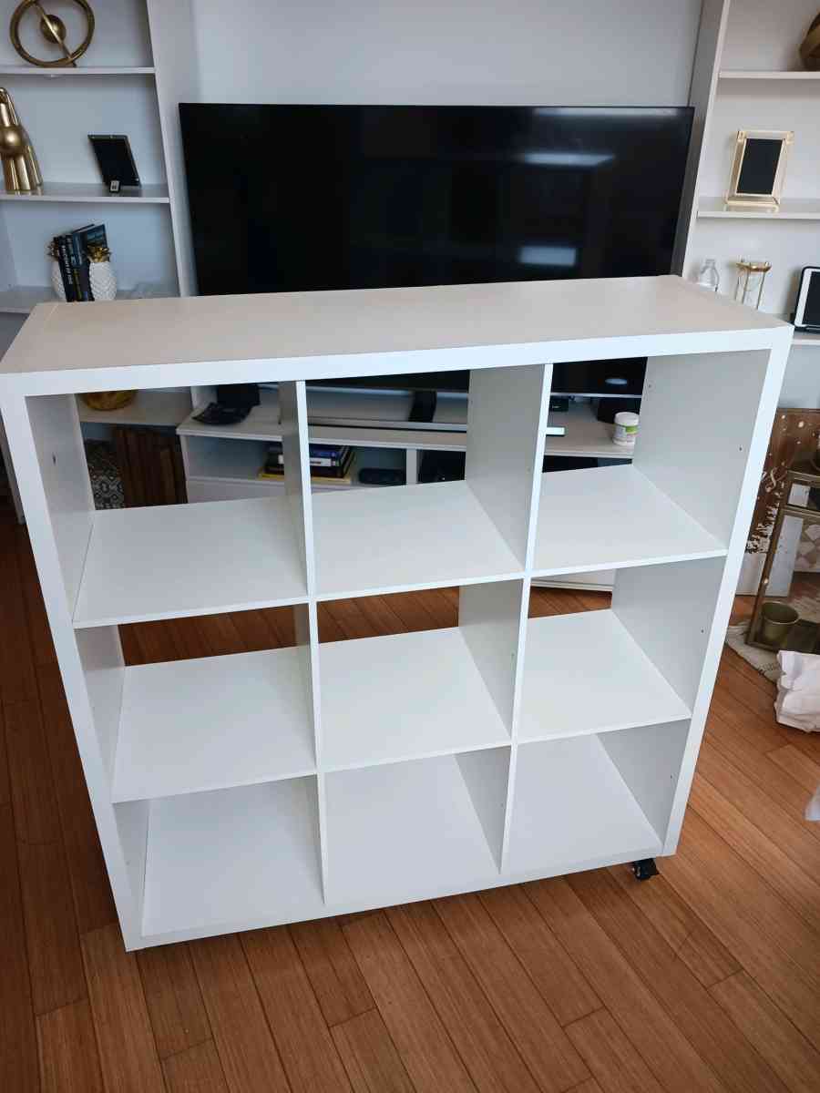 White Bookshelf on Wheels  9 Cube Storage Scratches  Holes