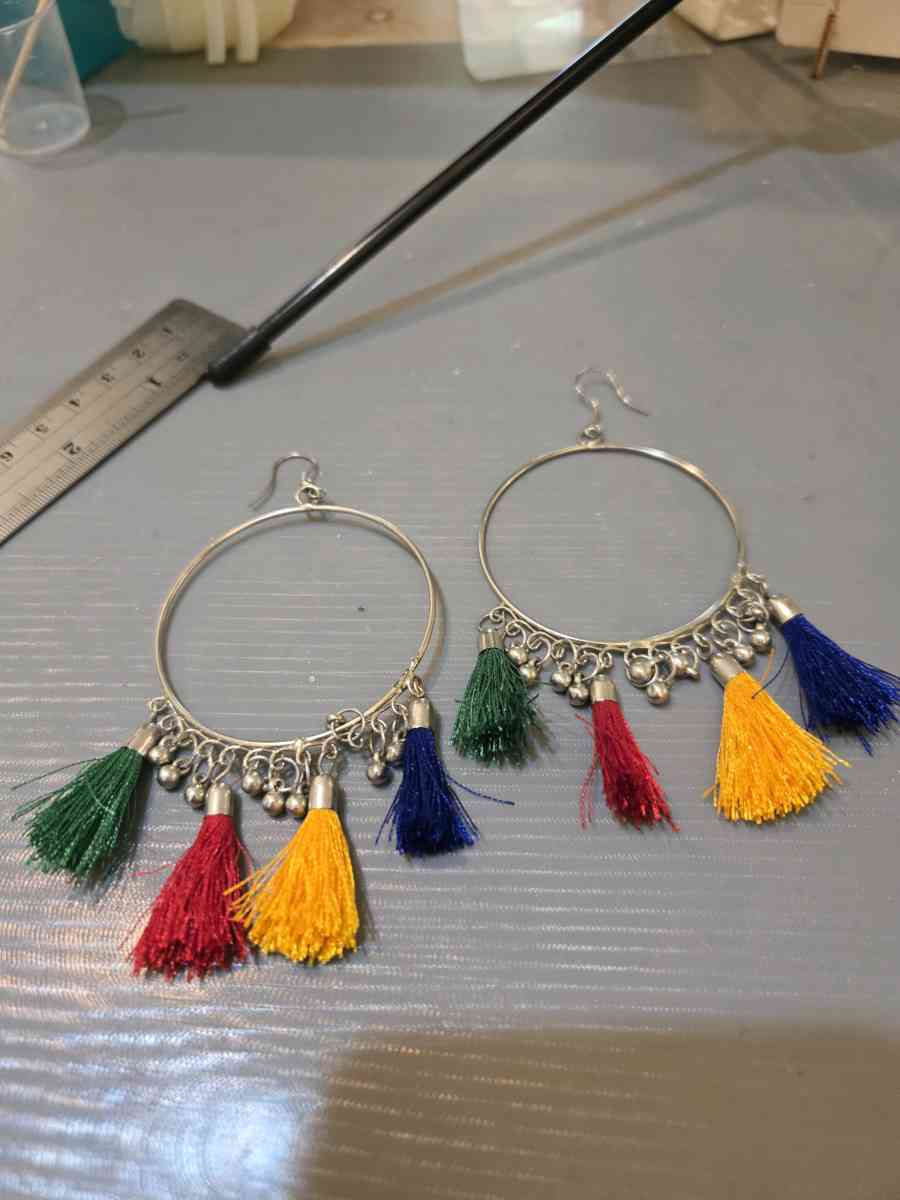 Colourful tassel earrings with silver hoops festivalvibes