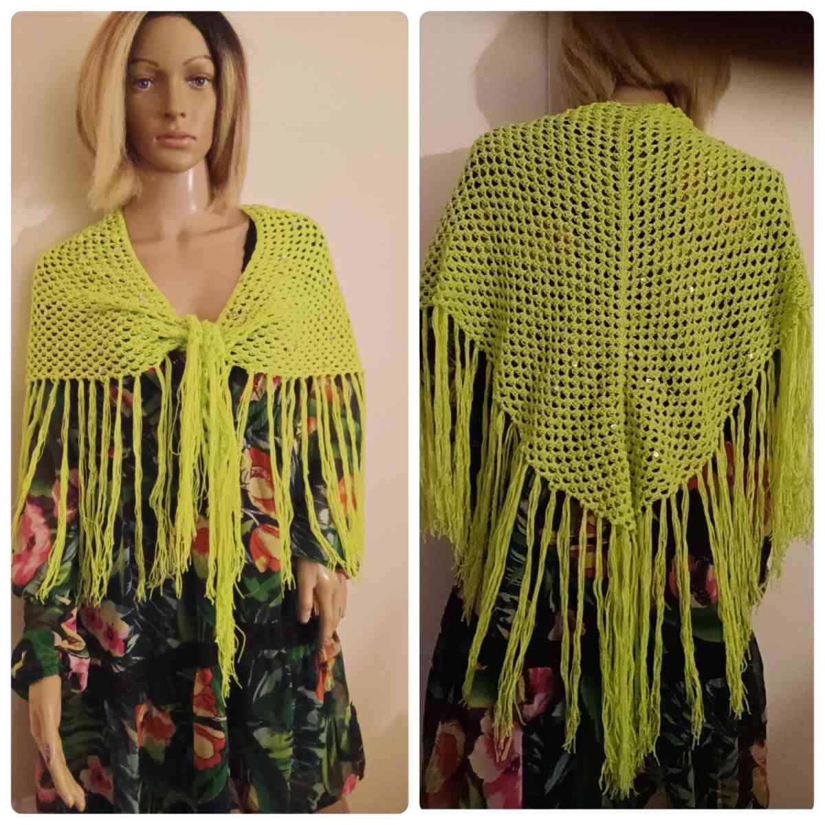 Handmade crochet Neon Green Shawl with tassels