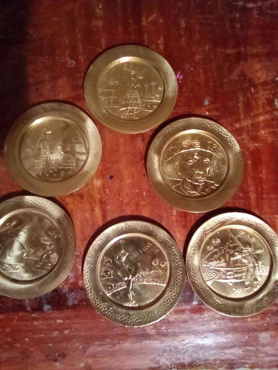 Brazilian copper coasters set of 6  pair of vintage silver c